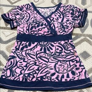 Pink and Navy Patterned Scrub Top
